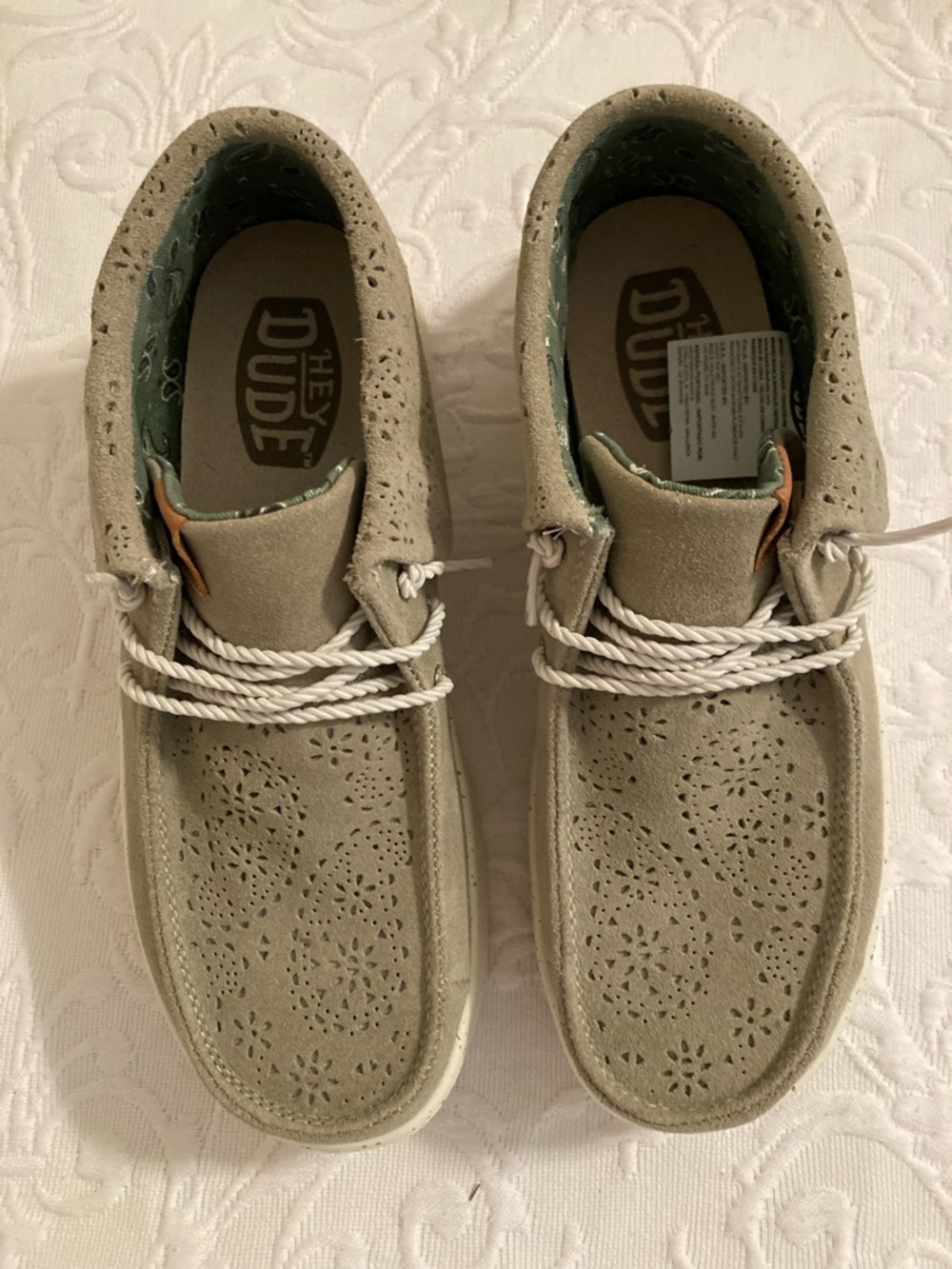 Women’s Hey Dude Wendy Peak Fold Boot Perforated Suede Slip-Ons in Light Olive